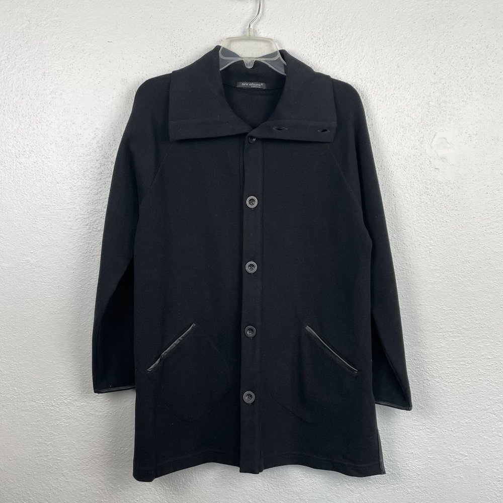 New Orleans Knitwear Womens Black Button Front Faux Leather Trim Shacket Sze S/M
